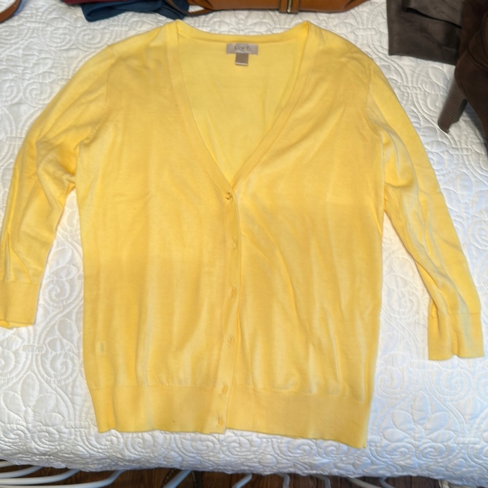 Loft yellow thin button up sweater size small